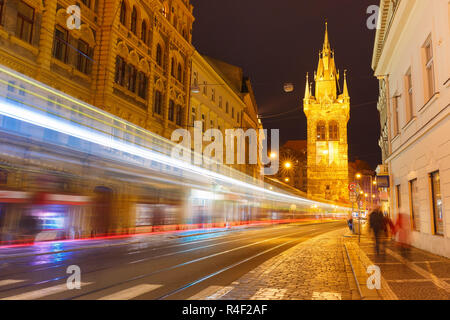 Luminous track from the tram in Prague, Czech Stock Photo