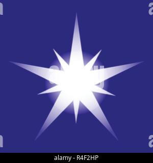 Christmas Shiny Star Vector Illustration Isolated on blue background. Sparkling Star Top View. Christmas neon star for tree decoration or design, card Stock Vector