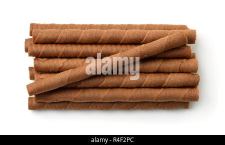 Top view of chocolate wafer rolls isolated on white Stock Photo