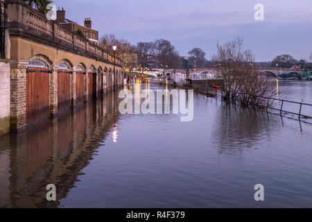 England,Richmond-Upon-Thames- river Thames at high tide, flooding the road Stock Photo
