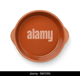Top view of round clay baking dish isolated on white Stock Photo
