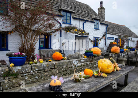 The Square and Compass pub in Worth Matravers, Dorset, decorated for Halloween, autumn Stock Photo