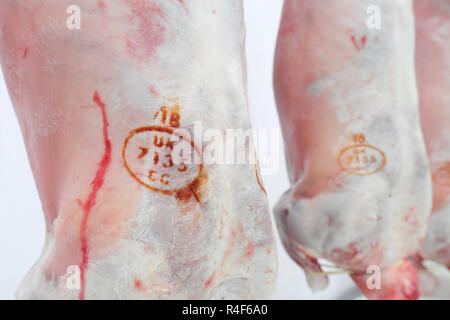Lamb carcasses at a slaughter house in Wales showing food standard quality marks for the UK and EC ( European Community ) EU Stock Photo
