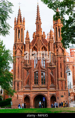 Facade of St. Anne's Church is a Roman Catholic church in Vilnius Old Town. It is a prominent example of both Flamboyant Gothic and Brick Gothic style Stock Photo