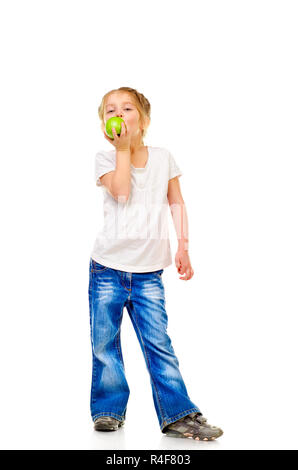 little girl with apple isolated on a white background Stock Photo