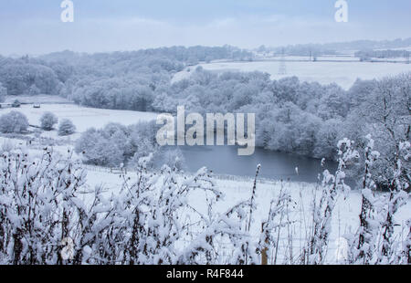 Tong Park Dam, Baildon, Yorkshire after a heavy snowfall. Stock Photo