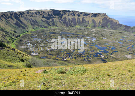 Chile Easter Island a freshwater lake bordered by reeds called tortora ...