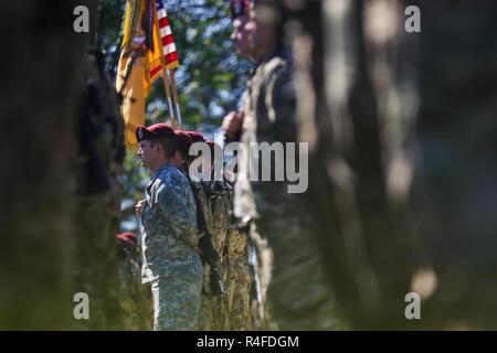 Troopers from the 1st Squadron, 17th Cavalry Regiment, 82nd Combat Aviation Brigade, 82nd Airborne Division, participate in the squadron’s change of command ceremony on Stan Field on Fort Bragg, N.C., May 4. Stock Photo