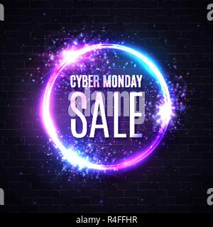 Neon Cyber Monday sale. Discount card with glowing circle logo. Circuit board on dark blue brick neon background. Night street sign with explosion effect. Round frame. 80s style vector illustration. Stock Vector