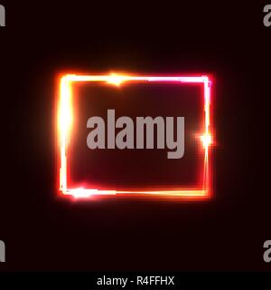 Neon lights square background. Glowing electric rectangle frame on dark red pink yellow backdrop with electricity effect. Fire signage with flares and sparkles. Bright shining vector illustration. Stock Vector