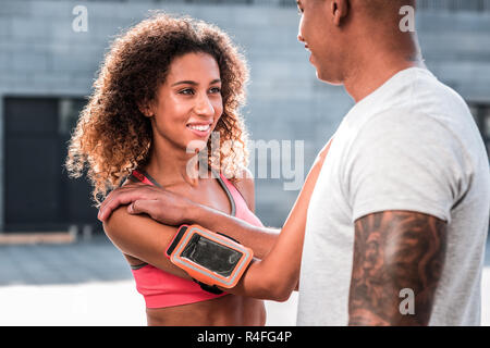 Joyful positive people looking at each other Stock Photo