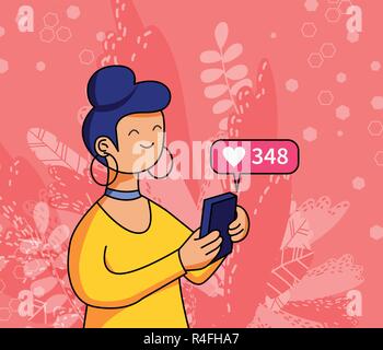 Vector illustration of a young woman holding cell phone. Bubble with like notification of social network. Concept illustration of virtual appreciation Stock Vector