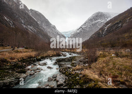 Briksdalselva (River) and Briksdalsbreen (Briksdal Glacier, background) near Olden Norway Stock Photo