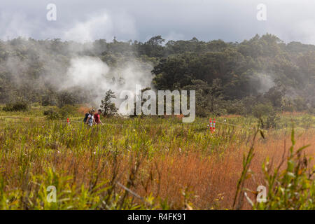 Hawaii Volcanoes National Park, Hawaii - Hikers near steam vents from the Kilauea volcano. Stock Photo