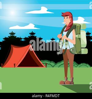 woman tourist in camping zone vector illustration design Stock Vector