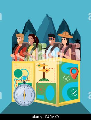 group of tourists and set icons vector illustration design Stock Vector