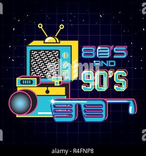 televisor with icons of eighties and nineties retro vector illustration design Stock Vector