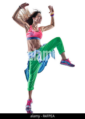 one caucasian woman zumba dancers dancing fitness exercising exercises in studio isolated on white background Stock Photo