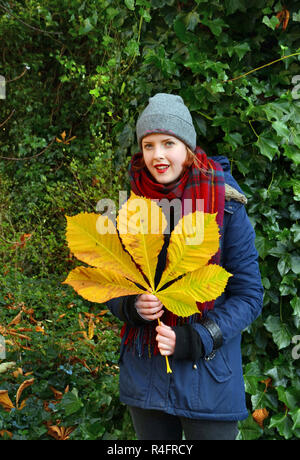young woman holds a large yellow horse chestnut leaf in autumn. Stock Photo