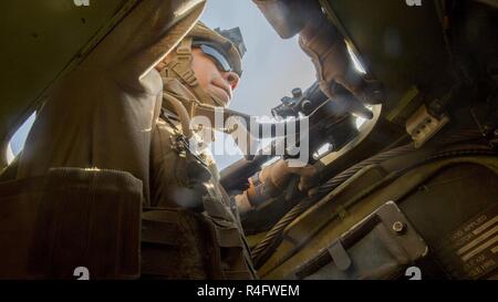 Pfc. Elmer Perez, a scout rifleman with 1st Light Armored Reconnaissance Battalion, 1st Marine Division, surveys the area outside his team’s light armored vehicle (LAV-25) during a field exercise aboard Marine Corps Base Camp Pendleton, Calif., Oct. 25, 2016.  The exercise was held as part of a week-long Marine Corps Combat Readiness Evaluation. Marines undergo MCCREs to ensure combat readiness before deployments. Scout riflemen ride in the LAV-25s and exit the vehicle when patrolling on foot is necessary. Stock Photo