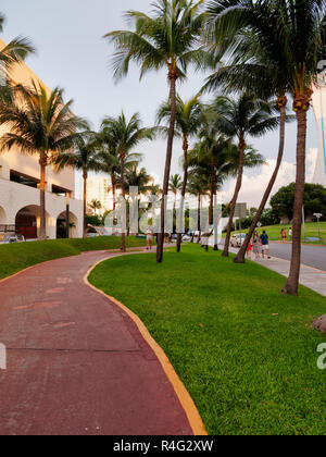 Sidewalk with palm trees between resort, Boulevard Kukulcan, Zona Hotelera, Cancún, Mexico, in September 8, 2018 Stock Photo