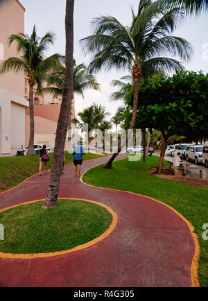 Footpath with palm trees between resort, Boulevard Kukulcan, Zona Hotelera, Cancún, Mexico, in September 8, 2018 Stock Photo