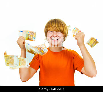 Euros flying around a boys head Stock Photo