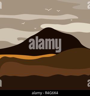 Vector illustration of mountain landscape with forest and flying birds under cloudy sky with dawn Stock Vector