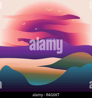 Abstract image of a sunset or dawn sun over the mountains at the background and river or lake at the foreground. Mountain landscape. vector illustration Stock Vector