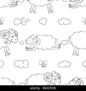 Furry sheep flying in the clouds. Cute baby Wallpaper . Vector illustration. Stock Vector
