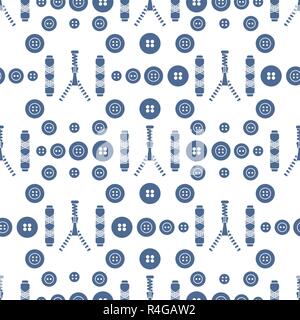 Seamless pattern with zipper, buttons, threads. Sewing and needlework background. Template for design, fabric, print. Stock Vector