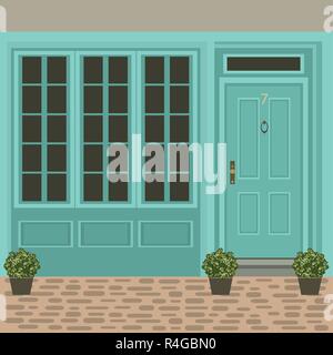 House door front with window, steps and plants, building entry facade, exterior entrance design illustration vector in flat style Stock Vector