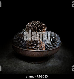 Pine cones in bowl on hessian, dark still life. Square crop light painting. Stock Photo