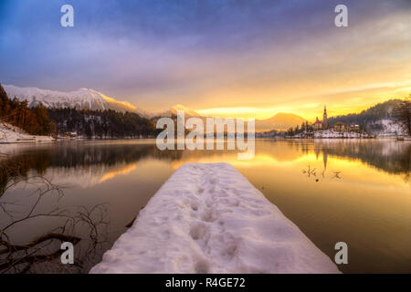 Bled with lake in winter, Slovenia, Europe Stock Photo