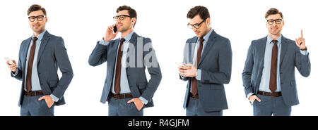 collage of handsome businessman using smartphone and gesturing isolated on white Stock Photo