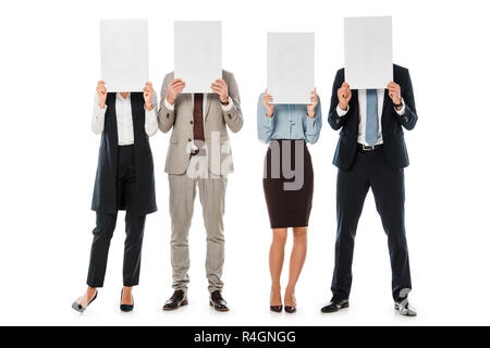 business team hiding behind empty boards isolated on white Stock Photo