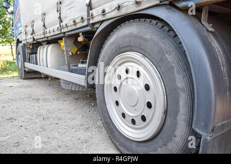 The wheels of the truck near. A large truck Stock Photo