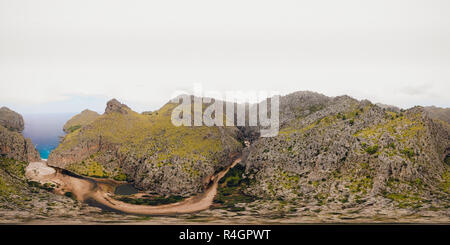 Aerial spherical 360 virtual photo Port de Sa Calobra - beautiful coastal road and landscape Mallorca, Spain Stock Photo