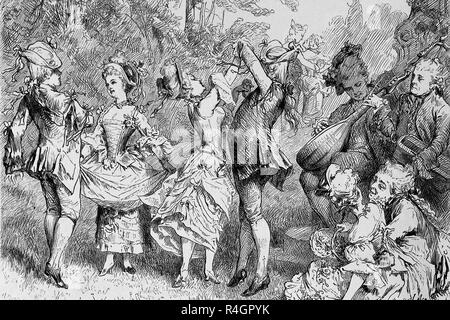 Aristocracy. 18th century. Dance scene. Engraving of Germania, 1882. Stock Photo