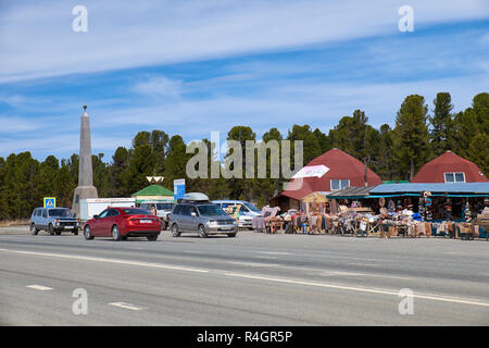 SEMINSKY, RUSSIA - MAY 5, 2016: shopping arcade on mountain pass Seminski on federal road M 52 Chuysky Tract in Altai, Siberia, Russia Stock Photo