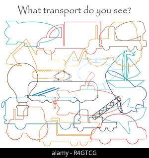 Find hidden objects on the picture, transport theme, mishmash contour set, fun education game for kids, preschool activity for children, vector Stock Vector