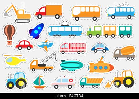 Different colorful transport for children, fun education game for kids, preschool activity, set of stickers, vector Stock Vector
