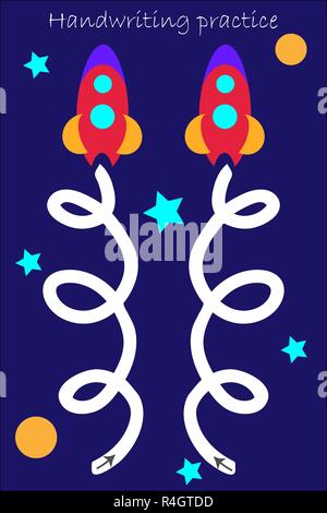 Draw track of two rockets, handwriting practice sheet for both hands, kids preschool activity, development children game, left and right hemispheres o Stock Vector