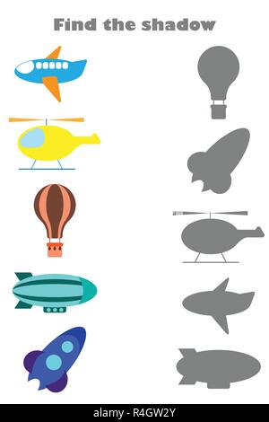 Find the shadow game with pictures of air transport for children, education game for kids, preschool worksheet activity, task for the development of l Stock Vector