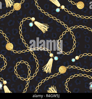 Chain gold belt pattern fashion design. Jewelry pendants accessories seamless print with animal skin texture for scarves, fabric and dress. Stock Photo
