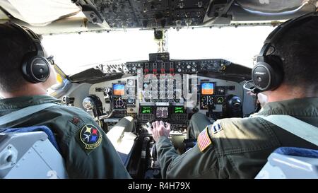 Maj. Brandon Murphy and Capt. Ty Schott assigned to the 171st Air Refueling Wing near Pittsburgh, PA prepare for landing at Pittsburgh International Airport after a refueling mission off the coast of N.C. Sept. 27, 2018. Stock Photo