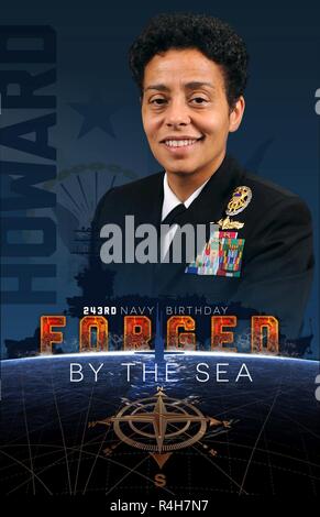 The 243rd Navy Birthday poster featuring Michelle Janine Howard with a Forged by the Sea theme. Stock Photo