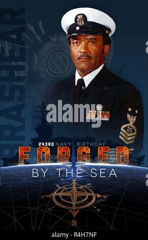 The 243rd Navy Birthday poster featuring Carl Maxie Brashear with a Forged by the Sea theme. Stock Photo