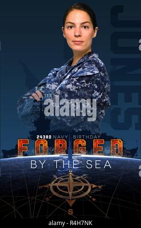 The 243rd Navy Birthday poster featuring the next generation of sailors with a Forged by the Sea theme. Stock Photo