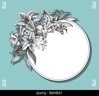 Lily flowers hand drawing vintage card on blue background Stock Vector